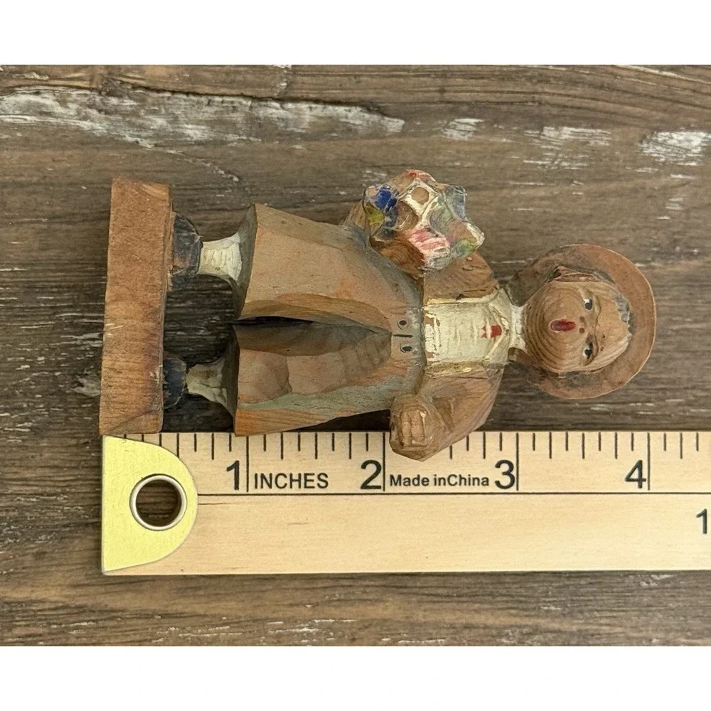 VTG Italy ANRI? Folk Art Wood Carved Napkin Ring + Figurine Mid Century Read